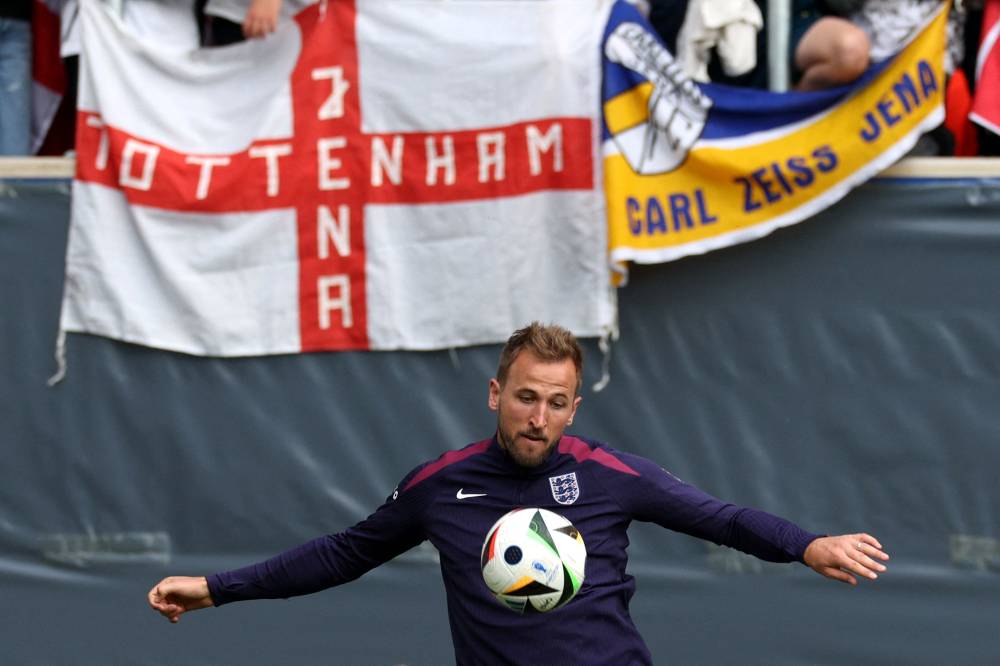 England's forward Harry Kane takes part in a training session in Jena, eastern Germany on June 11, 2024, ahead of the UEFA Euro 2024 football championship. (Photo by Adrian DENNIS / AFP)