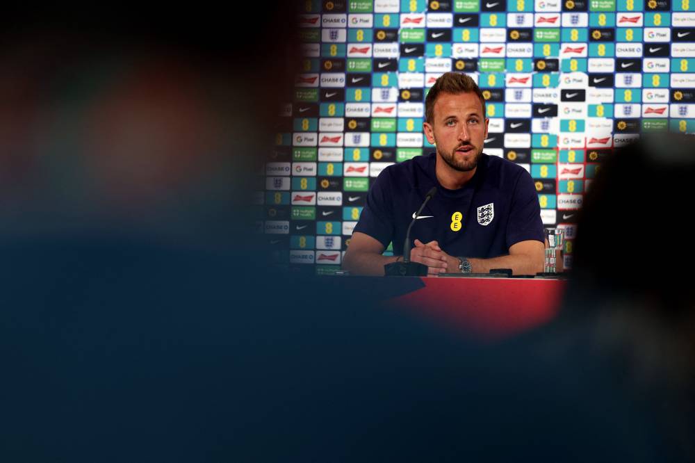 England's forward #09 Harry Kane attends a press conference of England national team at their base camp in Blankenhain, Thuringia, on June 23, 2024. (Photo by AFP)