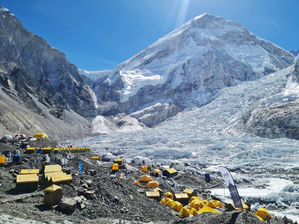 Tents of mountaineers are pictured at Everest base camp in the Mount Everest region of Solukhumbu district on April 18, 2024 on the tenth anniversary of an avalanche which killed 16 Nepali guides. - (Photo by PAAVAN MATHEMA / AFP)