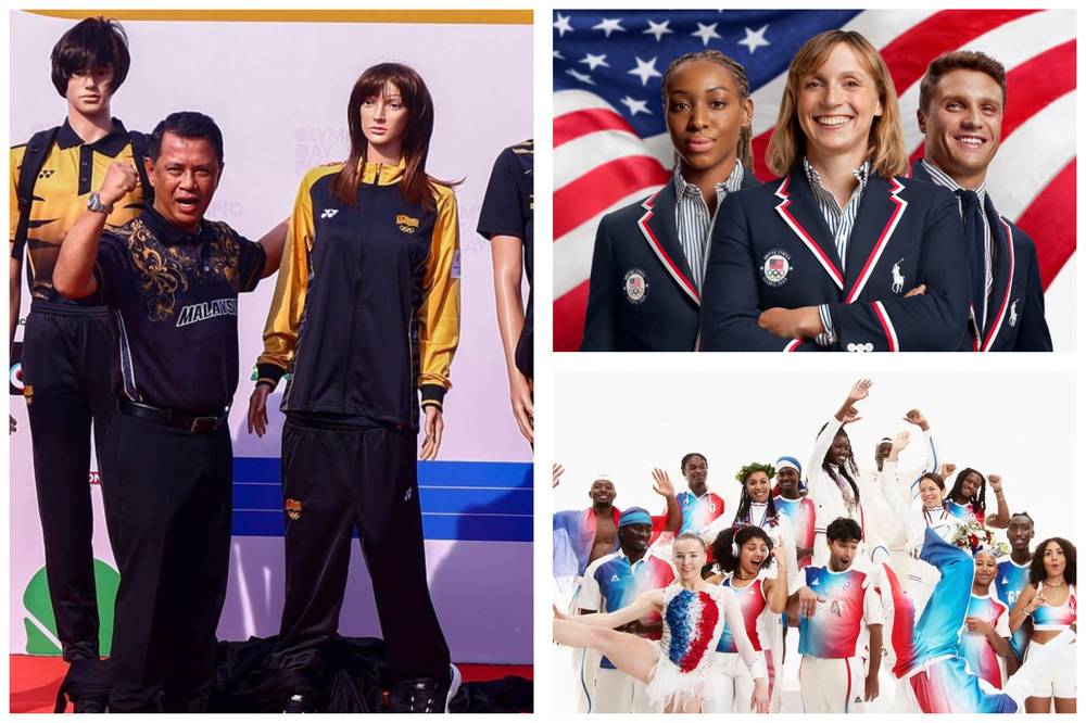 Malaysia's Summer Olympics 2024 uniform (left) compared to the United States (top right) and France (bottom right) official attires. Photos source: Facebook.