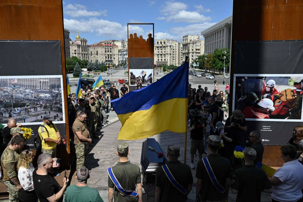 During the farewell ceremony on Independence Square in Kyiv on July 6, 2024, amid the Russian invasion of Ukraine. (Photo by Genya SAVILOV / AFP)