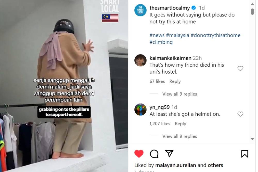 The student, allegedly locked out of her room with unanswered calls to housemates, climbed the exterior wall to reach her balcony door. - Screenshot scredit: @thesmartlocalmy/Instagram