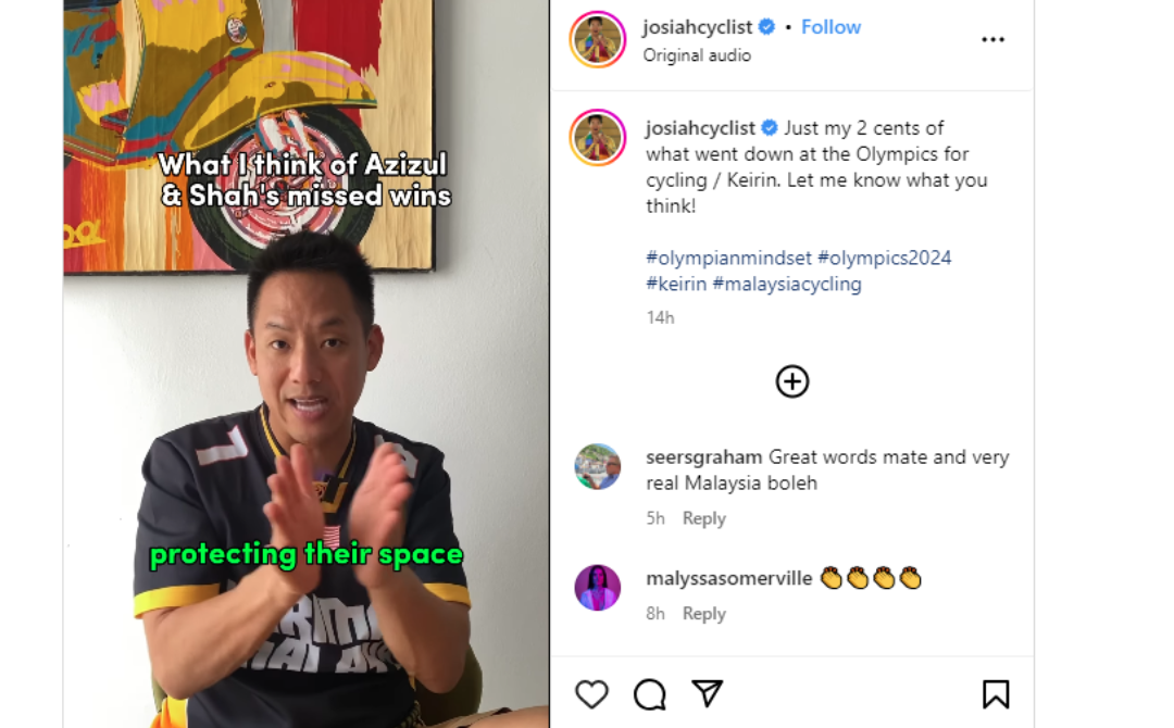 Josiah Ng recently shared his thoughts on the situation involving Datuk Azizulhasni Awang and Muhamad Shah Firdaus Sahrom in a video post on his official Instagram account. Photo credit: Josiahcyclist/Instagram
