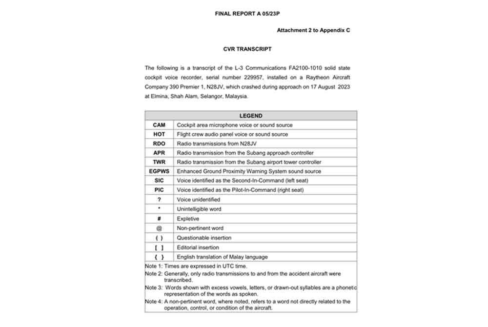 Details of the recording were revealed in the final investigation report of the crash involving a Beechcraft Model 390 (Premier 1) aircraft, which claimed 10 lives in Elmina last year.
