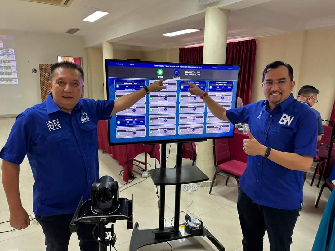 Asyraf Wajdi (right) and the Umno Kelantan chairman Datuk Seri Ahmad Jazlan Yaakub displaying the results during the Nenggiri by-election on Saturday.