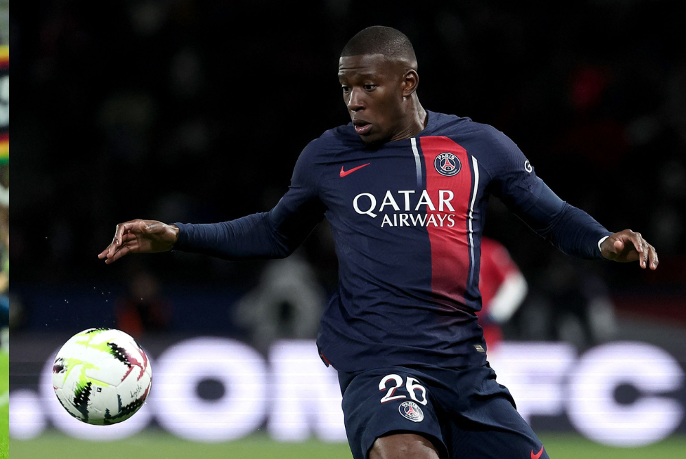Paris Saint-Germain's French defender Nordi Mukiele controls the ball during the French L1 football match between Paris Saint-Germain (PSG) and AS Monaco at The Parc des Princes Stadium in Paris on November 24, 2023. - Photo by AFP