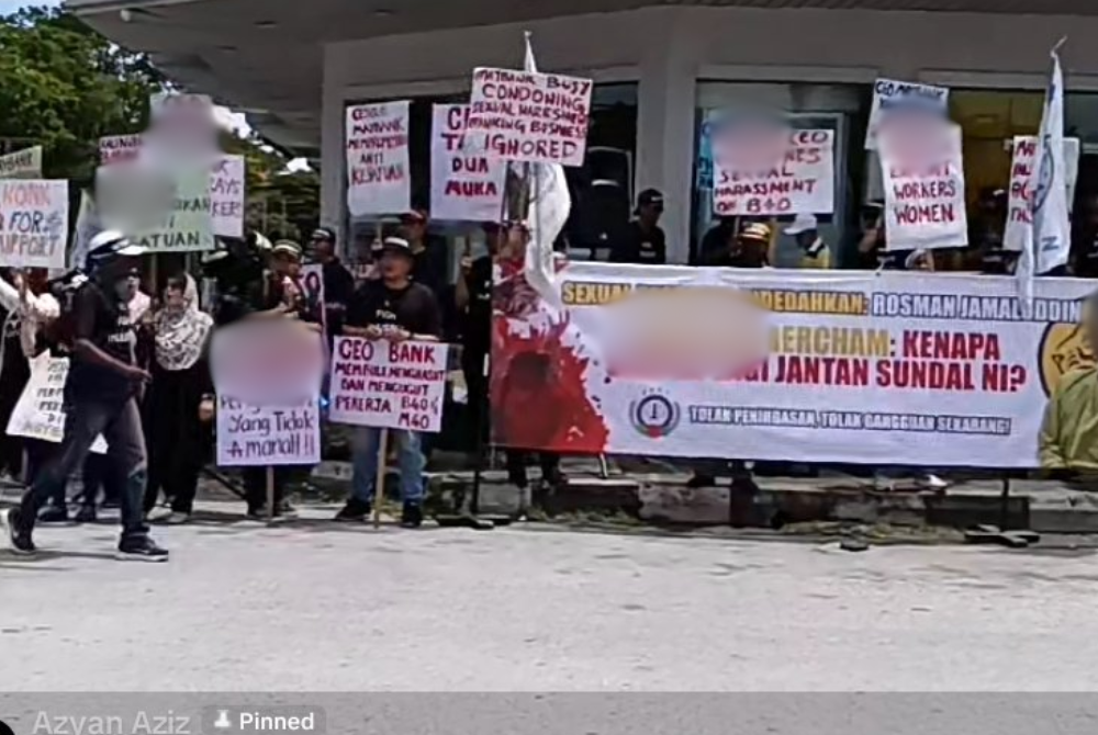 Bank employees from the Bercham branch in Ipoh held a picket yesterday to demand justice for a victim of sexual harassment.