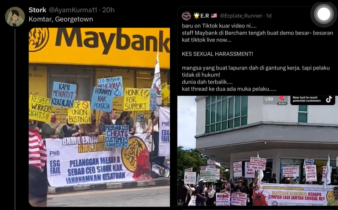 Screenshots from videos showing bank employees from the Bercham branch in Ipoh, along with several others, staging a picket yesterday to demand justice for a sexual harassment victim. - Photo: X