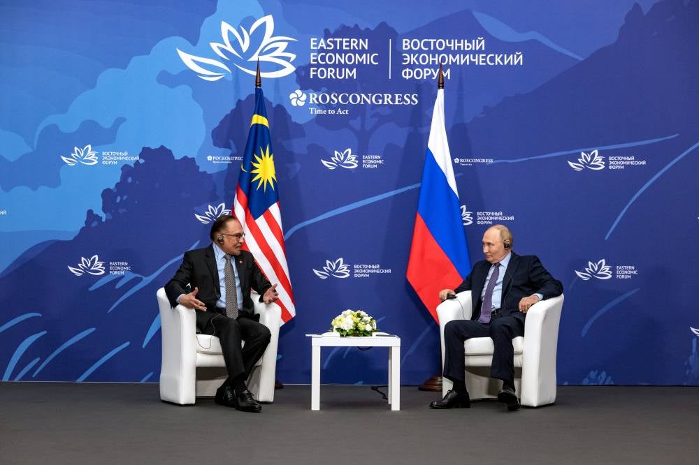Prime Minister Datuk Seri Anwar Ibrahim during a bilateral meeting with Russian President Vladimir Putin in conjunction with the 9th Eastern Economic Forum (EEF) on Sept 4. - Photo by Bernama