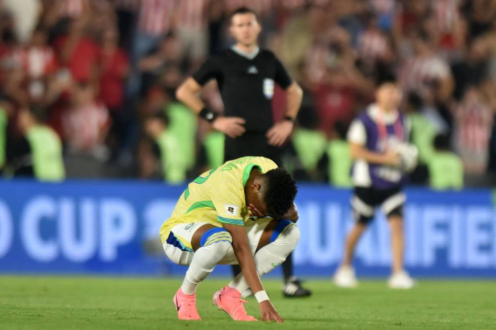 Brazil's forward Estevao reacts after losing the 2026 FIFA World Cup South American qualifiers football match between Paraguay and Brazil at the Defensores del Chaco stadium in Asuncion, on September 10, 2024. (Photo by AFP)