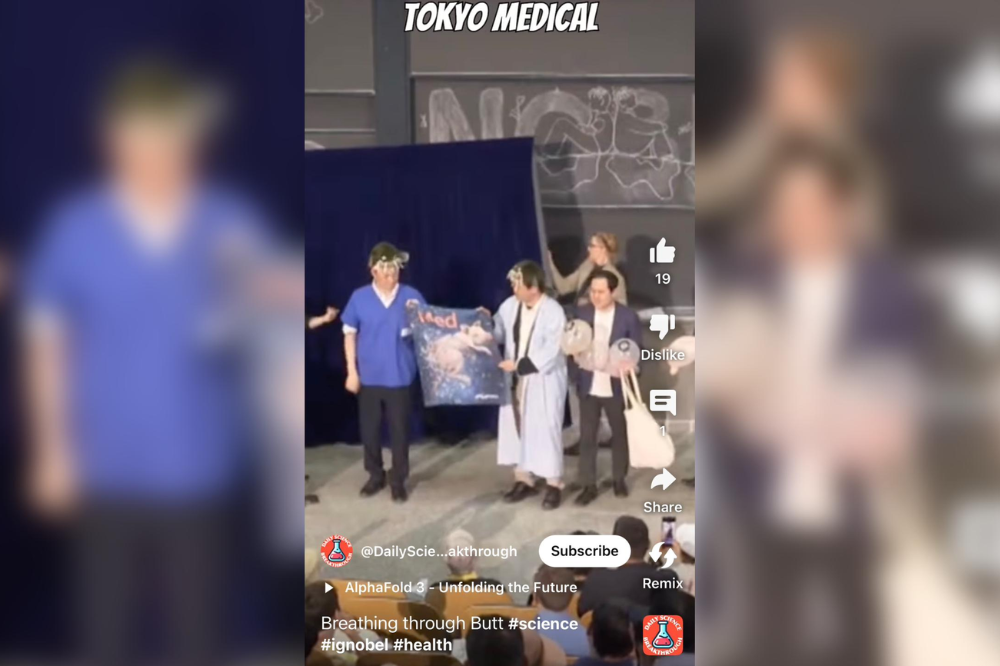 A Japanese research team headed by Ryo Okabe and Takanori Takebe, who accepted their prizes on Sept 12, discovered that mammals could indeed breathe through their anuses. Photo courtesy by @DailyScienceBreakthrough on YouTube.