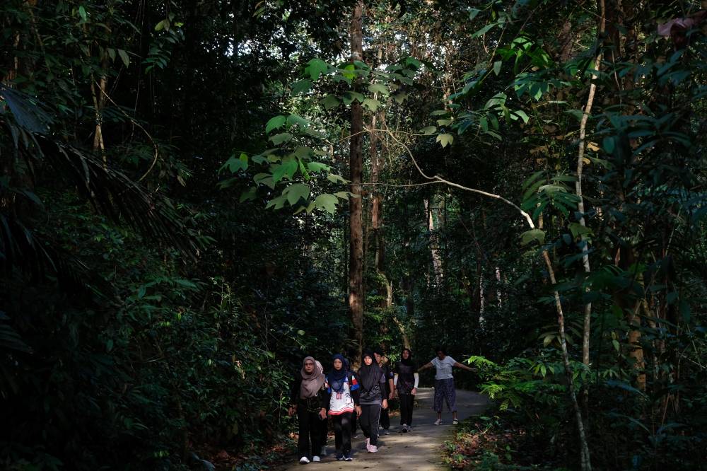 Public engaged in recreational activities with their children during the school holidays by hiking Gunung Lambak and enjoying the beauty of the streams located at an elevation of 510 metres during an observation in Kluang town today. Photo by Bernama