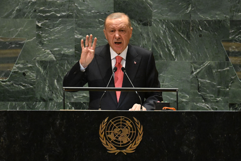 Turkey's President Recep Tayyip Erdogan speaks during the 79th Session of the United Nations General Assembly at the United Nations headquarters in New York City on September 24, 2024. (Photo by AFP)