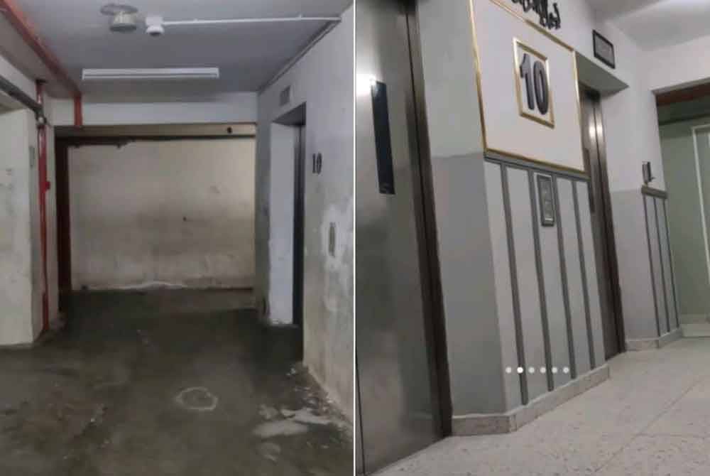 Before renovation photo of the lift area (left), after renovation photo of the lift area.