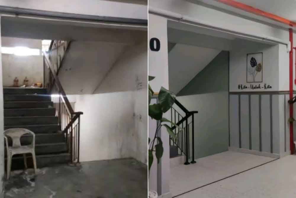 Before renovation work on the staircase (left), after renovation work on the staircase.