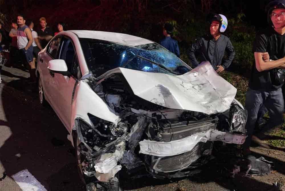 The condition of the car involved in the accident with a motorcycle at Kilometre 3, Jalan Kluang-Nyior on Thursday night. - Photo courtesy of Kluang district police headquarters