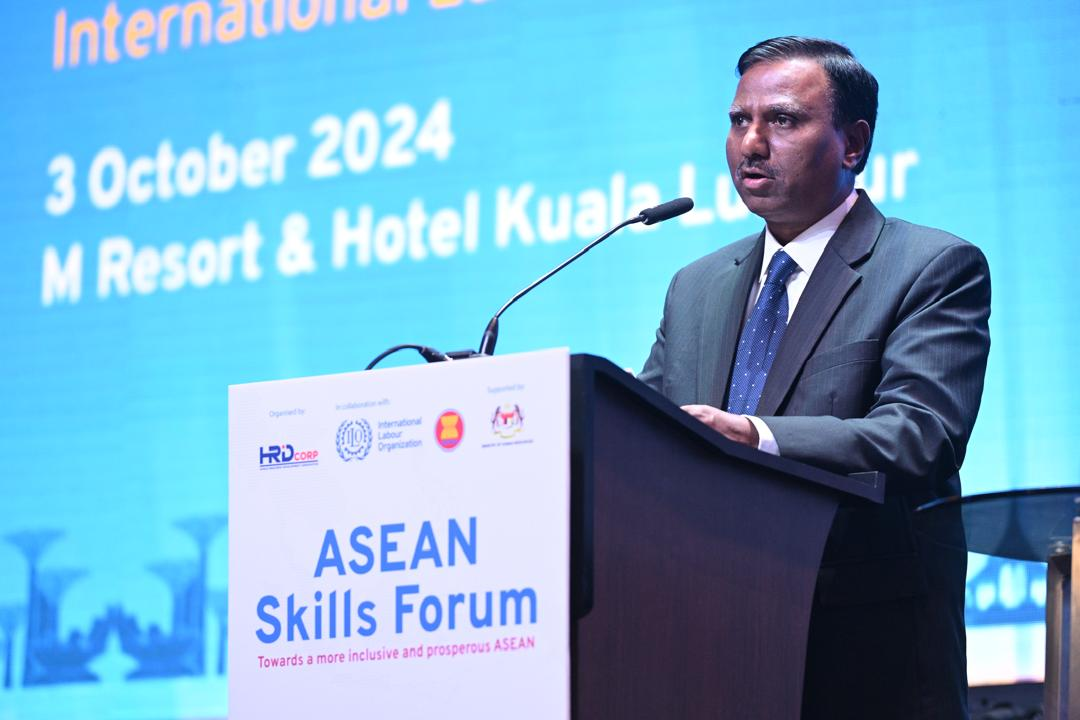 ILO's Srinivas B Reddy delivering his speech at the ASEAN Skills Forum 2024. (Photo courtesy of HRD Corp)