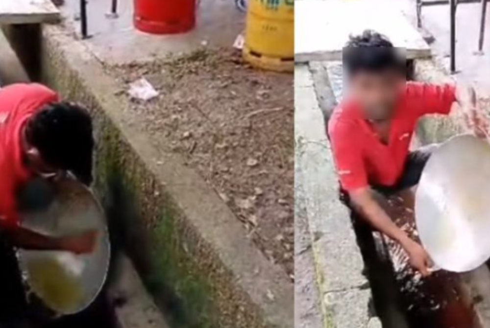 A video went viral on social media showing a roti canai seller washing a wok, allegedly using drain water. 