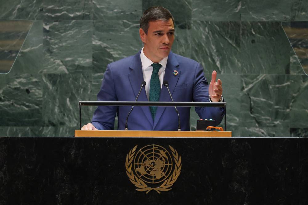 Spanish Prime Minister Pedro Sanchez speaks during the 79th Session of the United Nations General Assembly at the United Nations headquarters in New York City on Sept 25, 2024. - (Photo by CHARLY TRIBALLEAU / AFP)
