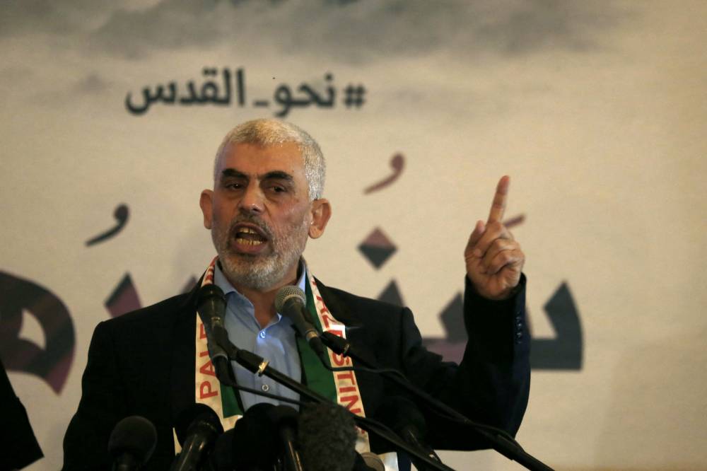 Hamas' leader in the Gaza Strip Yahya Sinwar speaks during a press conference for Quds (Jerusalem) day in Gaza City on May 30, 2019. - (Photo by MOHAMMED ABED / AFP / FILES)