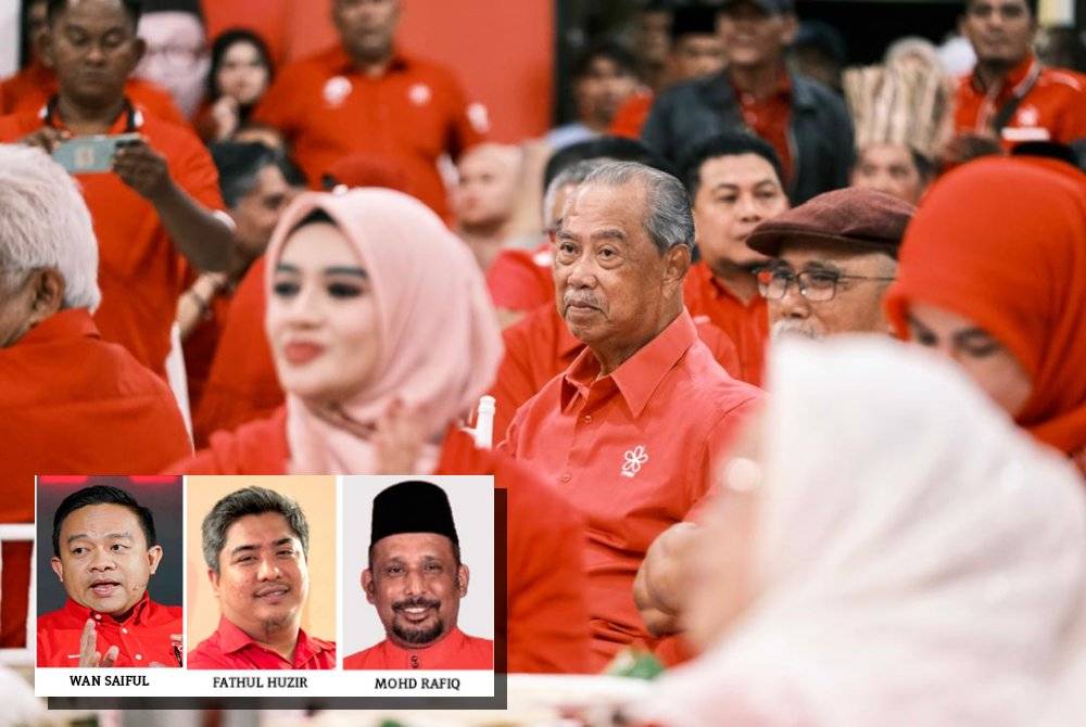 Muhyiddin, who won uncontested, also proposed a compromise plan that was approved by the MPT, aimed at preventing internal party divisions. (Inset: Wan Saiful, Fathul Huzir, Mohd Rafiq)