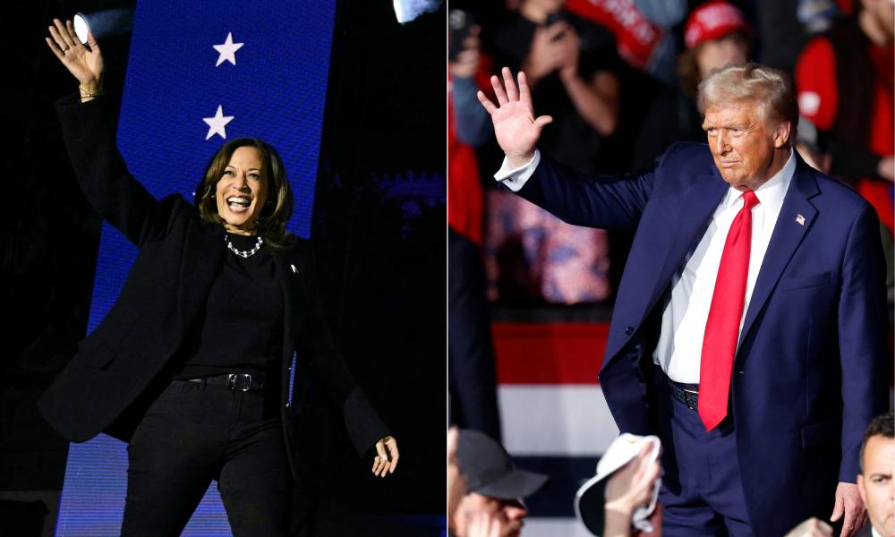 This combination of pictures created on Nov 4, 2024 shows US Vice President and Democratic presidential candidate Kamala Harris and Republican presidential candidate Donald Trump. - (Photo by ANDREW CABALLERO-REYNOLDS and KAMIL KRZACZYNSKI / AFP)