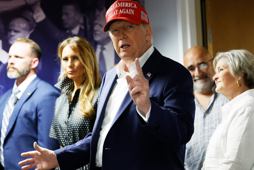 Republican presidential nominee former President Donald Trump thanks his staff at his campaign headquarters on Election Day, November 05, 2024 in West Palm Beach, Florida. - Photo by AFP