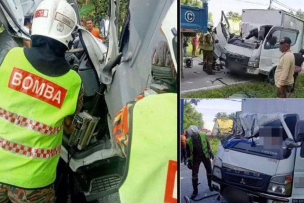 The accident involved a three-ton Mitsubishi lorry carrying shoes rear-ending a five-ton UD Nissan lorry loaded with timber. - Photos courtesy of JBPM