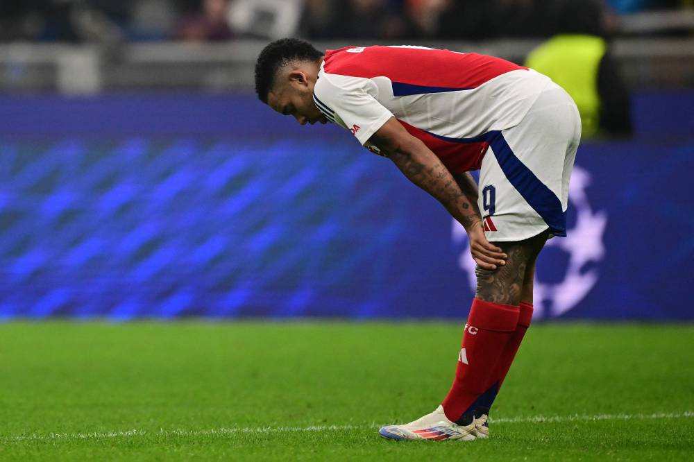 Arsenal's Brazilian striker #09 Gabriel Jesus reacts at the end of the UEFA Champions League football match between Inter Milan and Arsenal at the San Siro stadium in Milan on November 6, 2024. (Photo by Marco BERTORELLO / AFP)