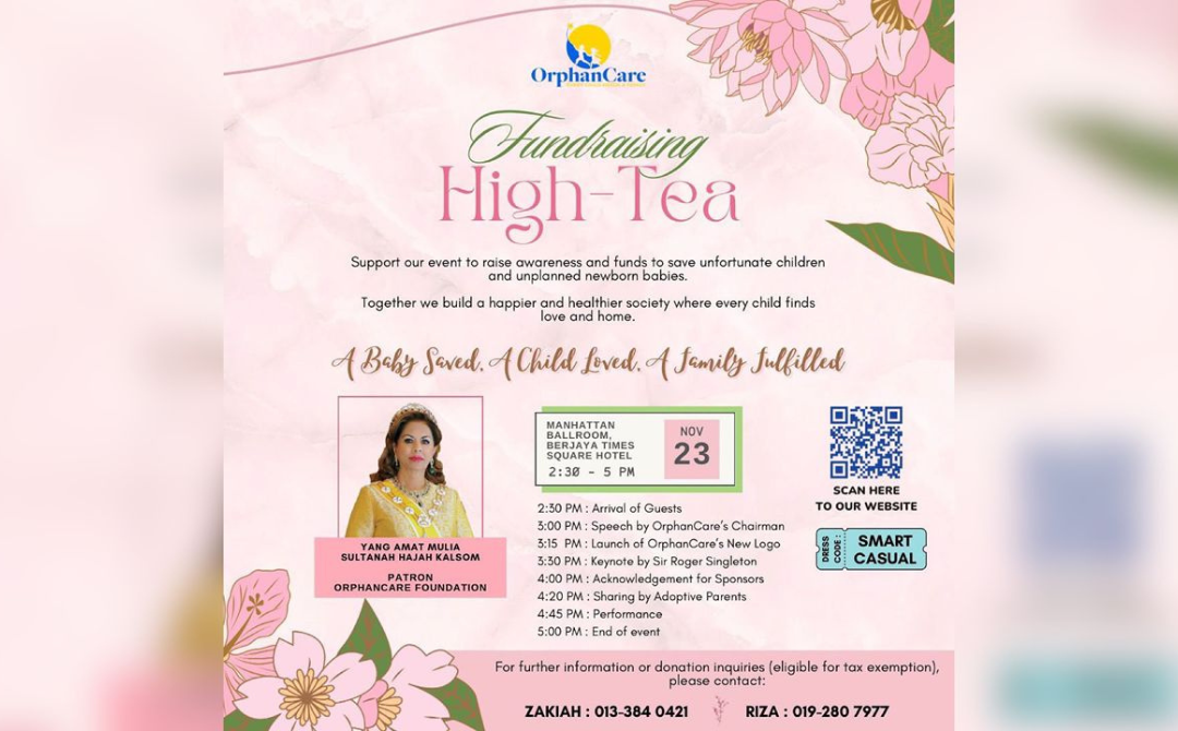 OrphanCare will host a fundraising High Tea on Nov 23 at Berjaya Times Square to help secure the funds needed to sustain its operations. - Source: @OrphanCare (Instagram)