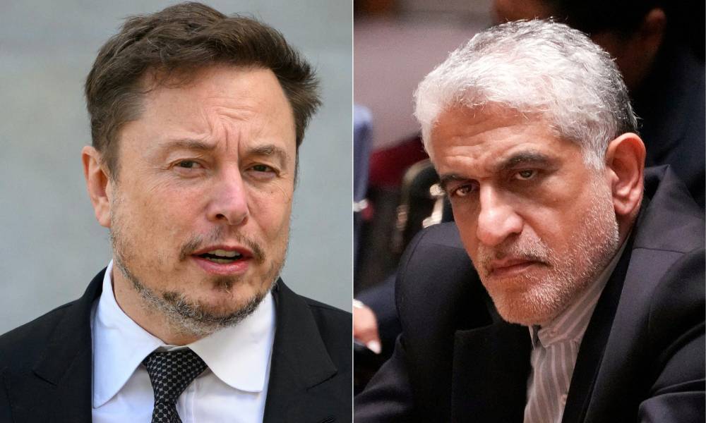 This combination of pictures created on November 14, 2024 shows X (formerly Twitter) CEO Elon Musk (L) on September 13, 2023 and Iranian Ambassador to the United Nations Amir Saeid Iravani on October 2, 2024. - Photo by AFP