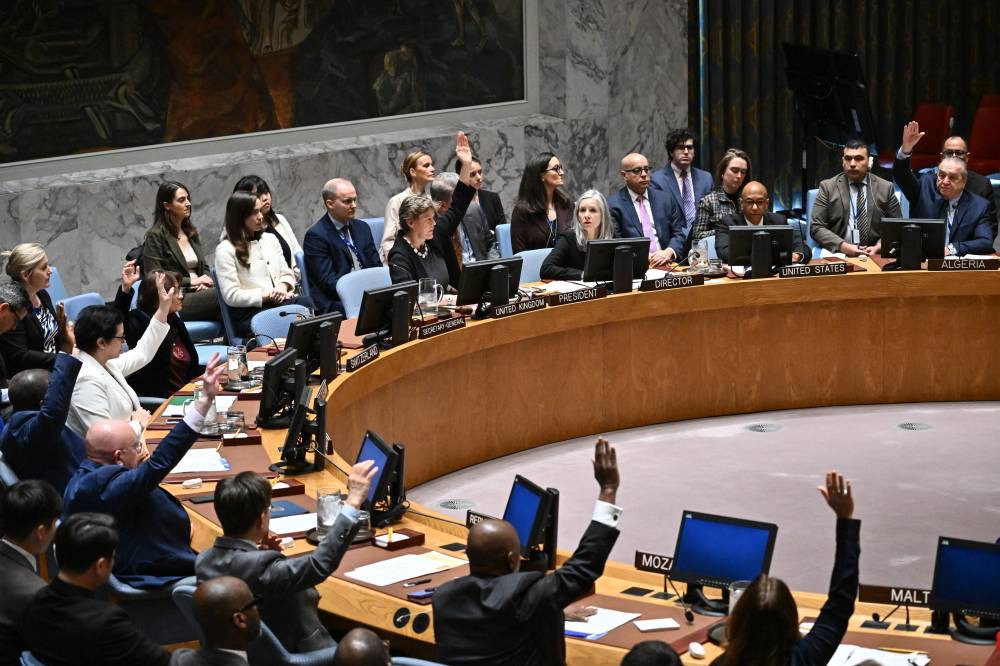 Members of the UN Security Council vote on a draft resolution calling for a ceasefire in Gaza, during a UN Security Council meeting to discuss the situation in the Middle East on Nov 20, 2024, at UN headquarters in New York City. - (Photo by ANGELA WEISS / AFP)