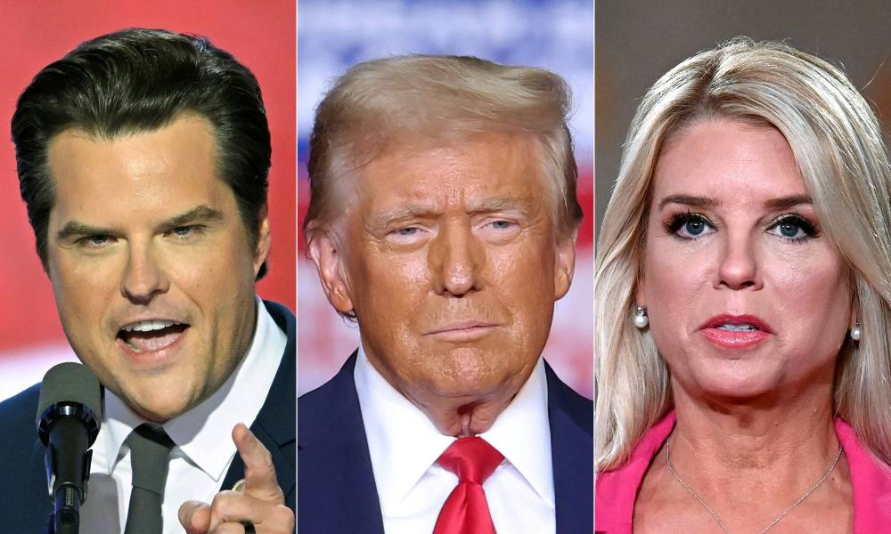 Matt Gaetz (left), Donald Trump (centre) and Pam Bondi. Photo by AFP