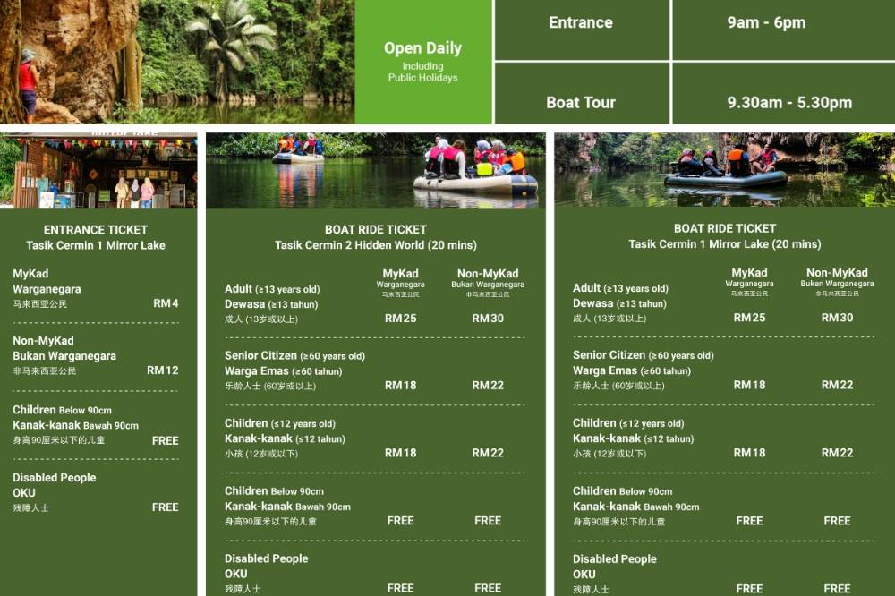 Tasik Cermin operation hours and price rate. Photo: Tasik Cermin official website