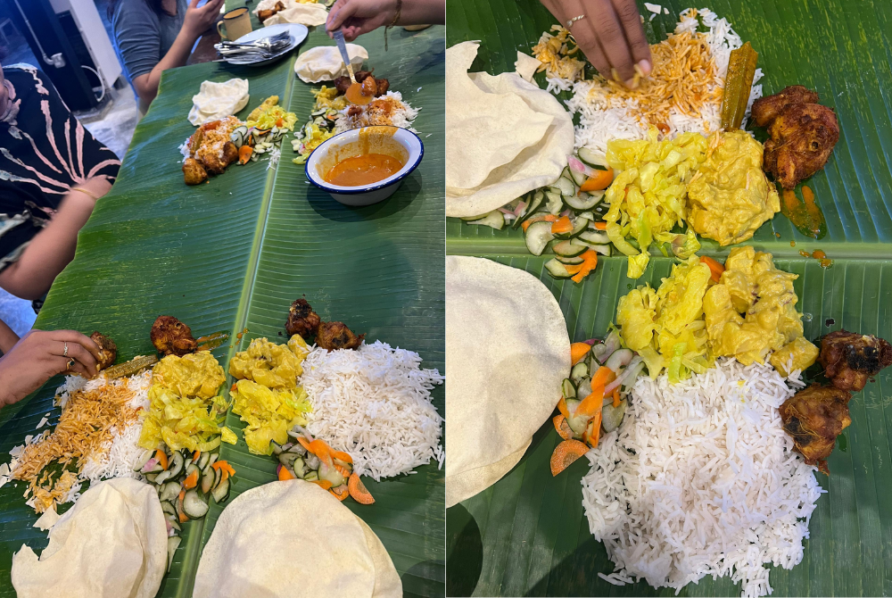 Six of us shared a banana leaf, filled with a generous spread of hot rice, flavorful ayam berempah, rich curry, vegetables, and crispy papadam.