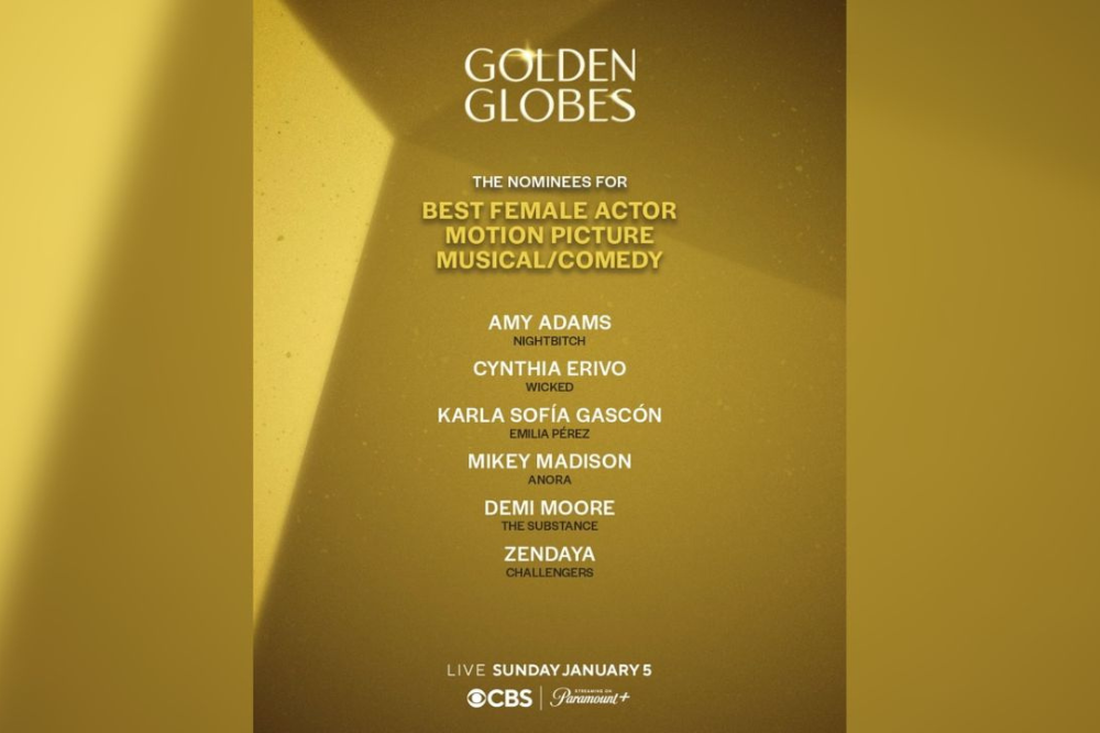 Best Female Actor category under Motion Picture for Comedy or Musical, including Zendaya for her acting in Challengers.