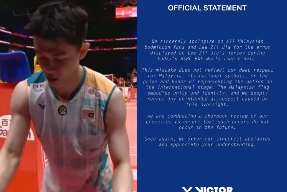 Zii Jia was seen wearing the brand’s apparel, with the national flag upside down, en route to a 21-13, 21-15 win over Taiwan's Chou Tien Chen in his opening Group A match yesterday. - Photos from social media