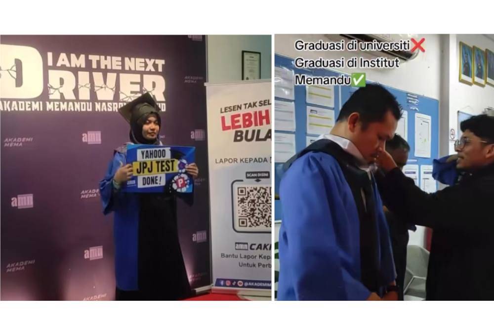 Students holding placards after passing the JPJ driving test. 