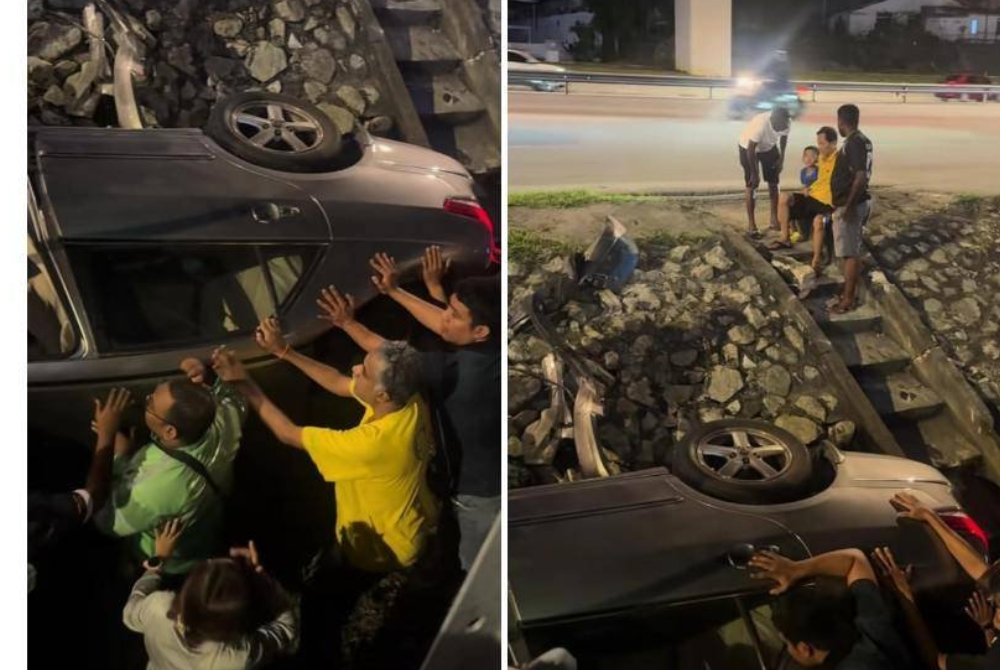 Bystanders worked together to stabilise the car for a safe rescue.