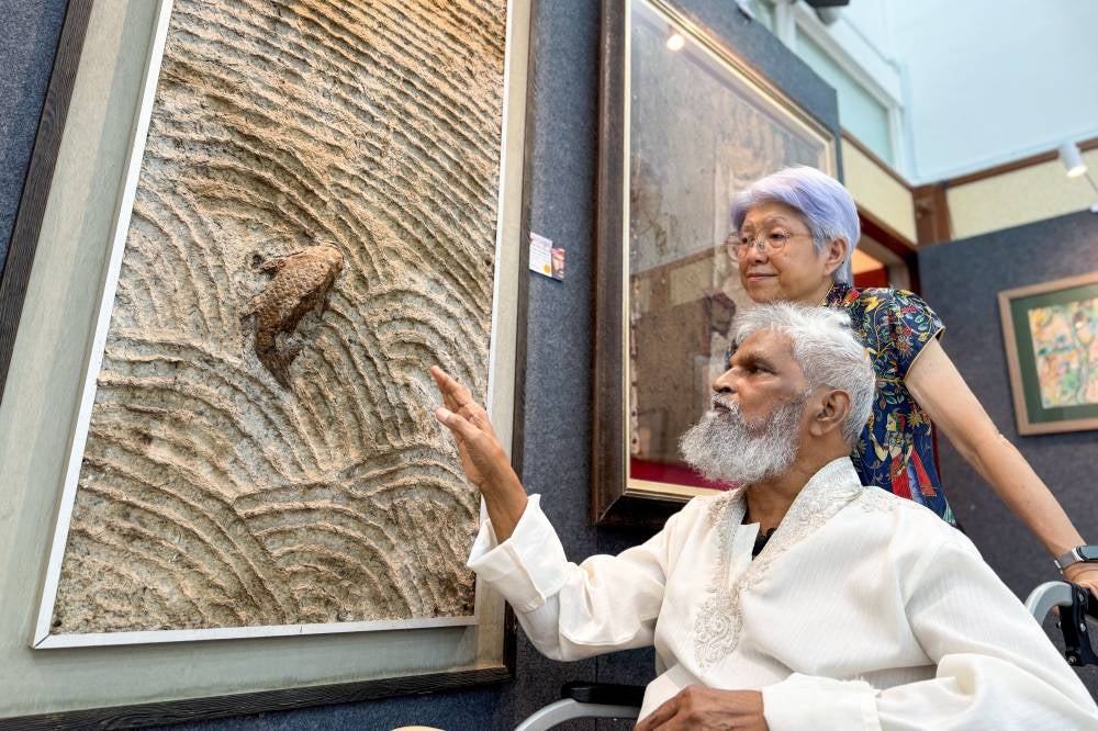Gunabalan Krishnasamy and his wife Datuk Seri Chong Eng view his artwork which was exhibited in conjunction with Social Cultural Justice Art here recently. Photo by Bernama