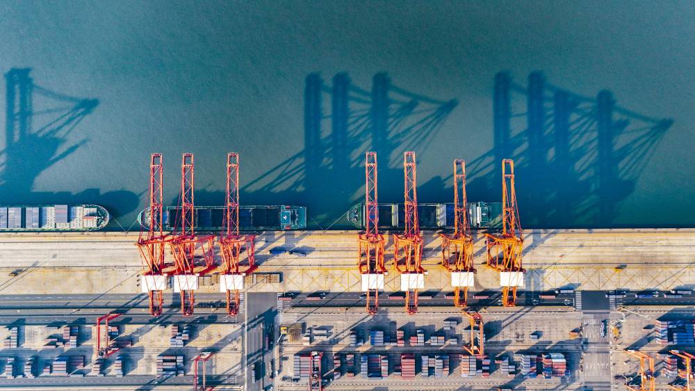 An aerial drone photo shows a view of the Tangshan Port in north China's Hebei Province. (Photo by Liu Mancang/Xinhua)