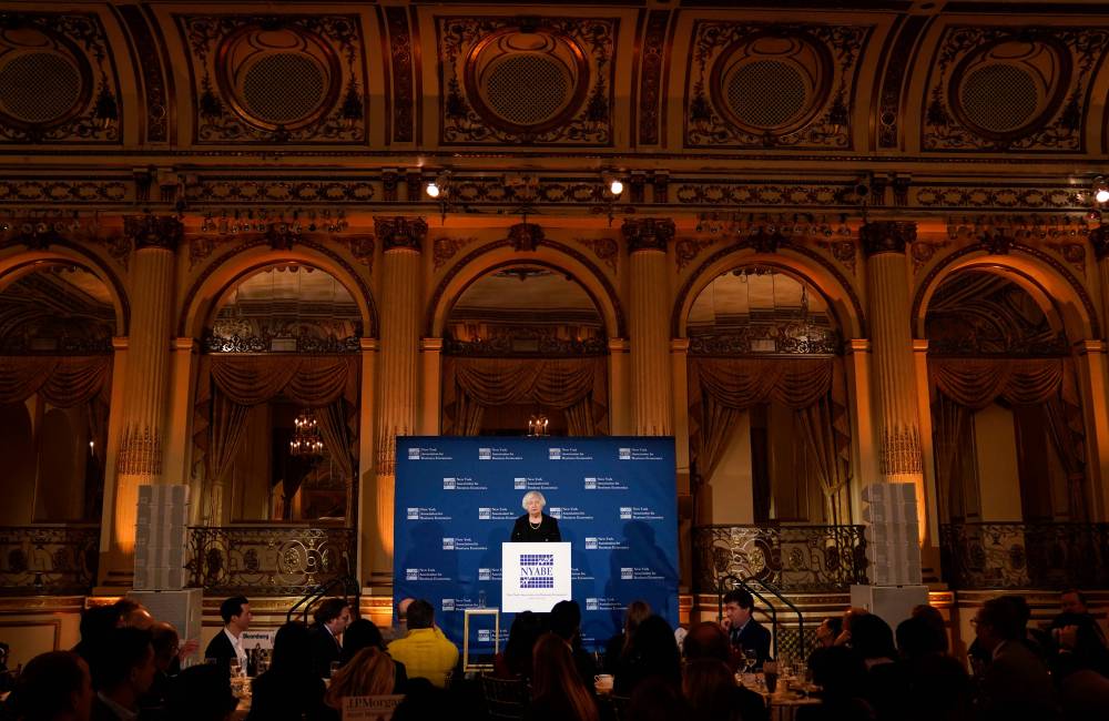 US Treasury Secretary Janet Yellen speaks on the economy at the New York Association for Business Economics in New York City on January 15, 2025. (Photo by TIMOTHY A. CLARY / AFP)