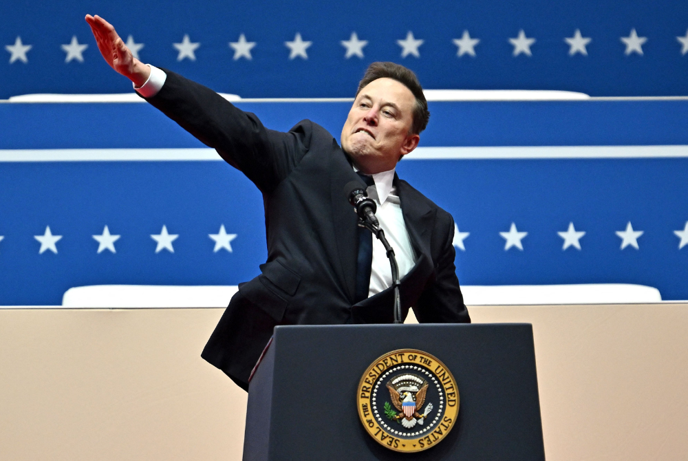 Tesla and SpaceX CEO Elon Musk gestures as he speaks during the inaugural parade inside Capitol One Arena, in Washington, DC, on January 20, 2025.
Photo by AFP 