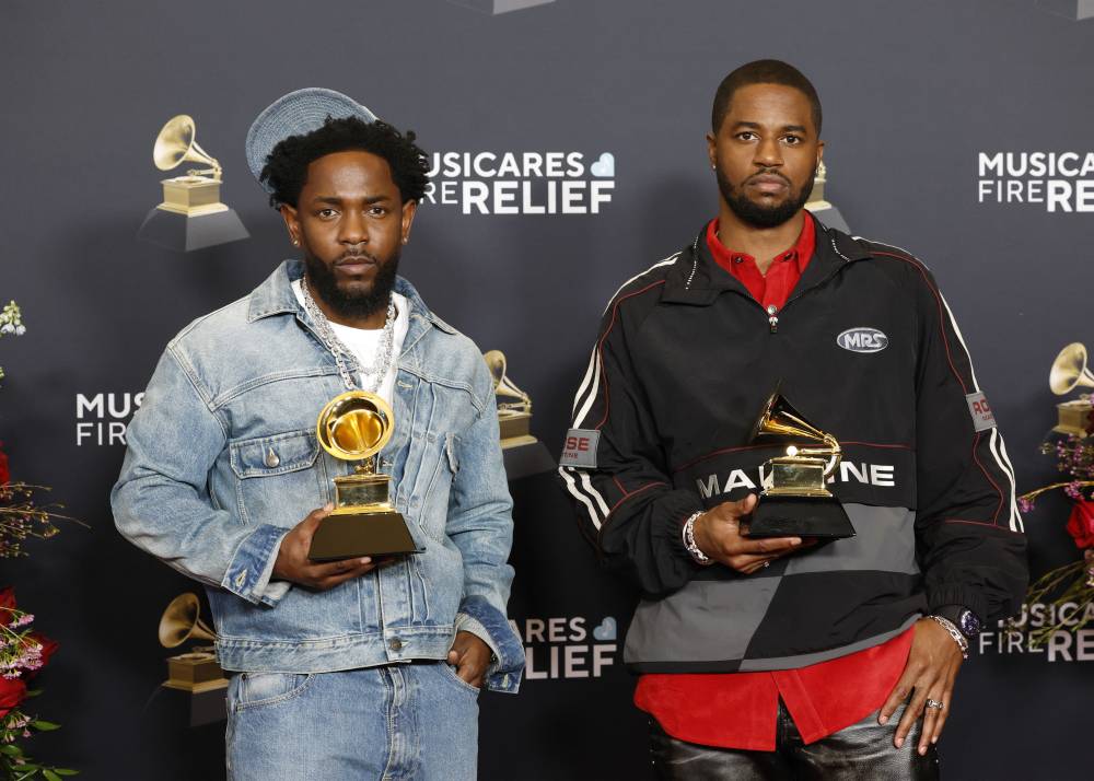 Kendrick Lamar and Dave Free, winner of the Record of The Year award for “Not Like Us”, pose in the press room during the 67th Grammy Awards at Crypto.com Arena on Feb 2, 2025, in Los Angeles, California. Getty Images via AFP