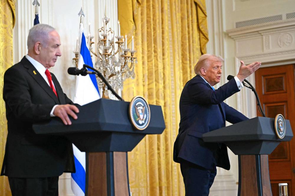 US President Donald Trump (right) and Israel's Prime Minister Benjamin Netanyahu hold a press conference in the East Room of the White House in Washington, DC, on February 4. Photo by Andrew Caballero/AFP