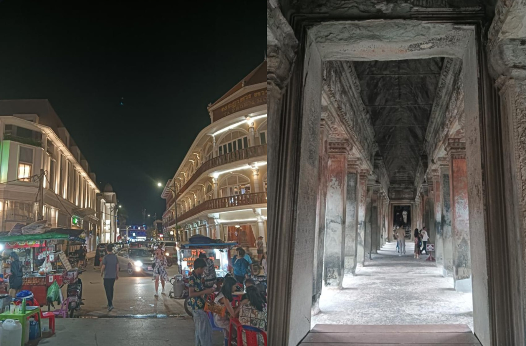 Siem Reap at night (left) and Angkor Wat (right). Photo by Wan Azfarozza 