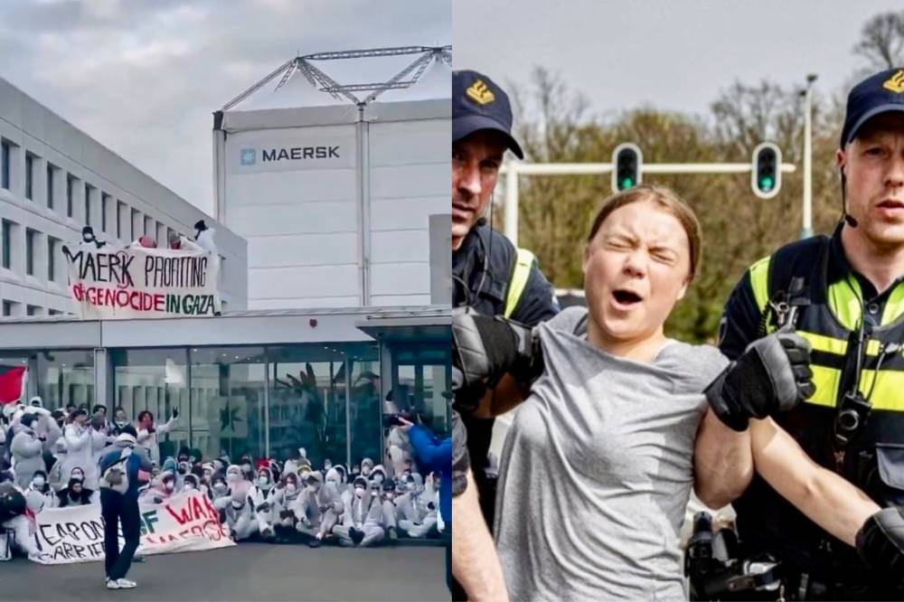 Greta Thunberg was among 20 arrested as nearly 1,000 pro-Palestinian activists protested outside Maersk's Copenhagen HQ on Feb 24, demanding it cut ties with Israel’s military supply chain. - Photos: X