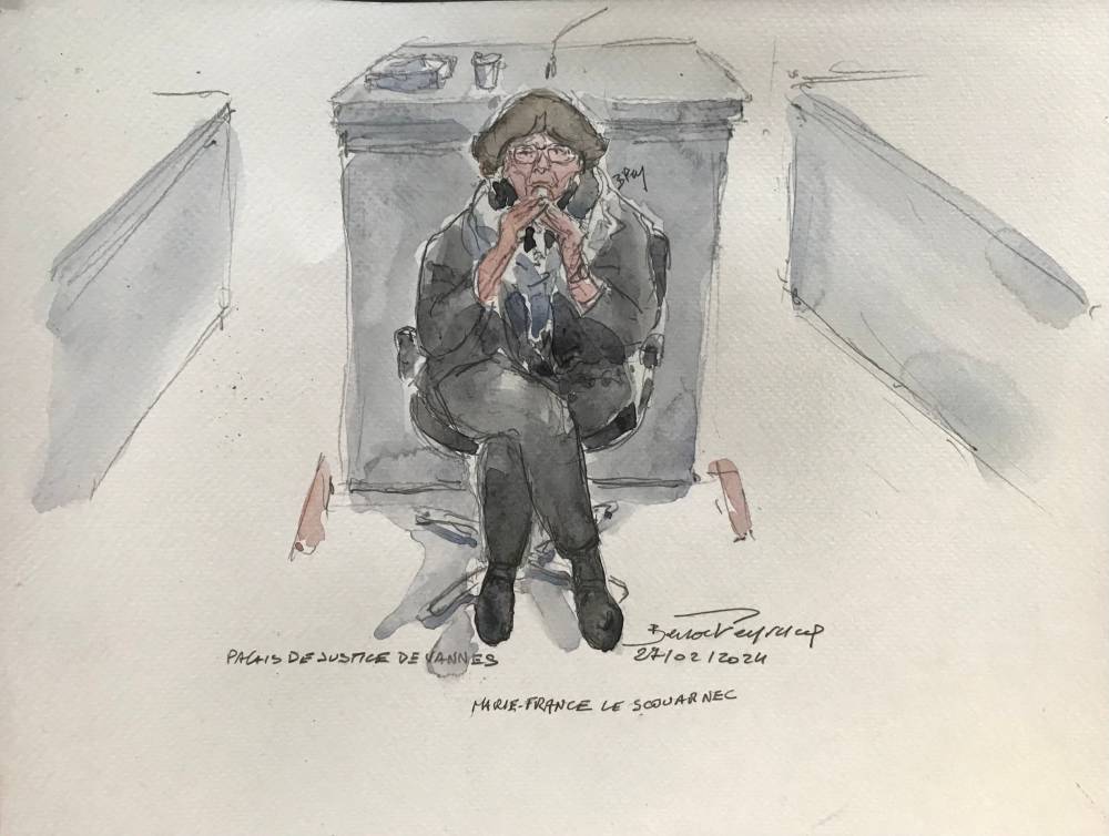 This court sketch created on February 26, 2025, shows Marie-France Le Scouarnec ex-wife of French retired surgeon Joel Le Scouarnec during his trial on charges of assaulting or raping 299 patients, at the Criminal Court in Vannes. In the latest trial, Le Scouarnec faces allegations that he assaulted or raped 299 patients at a dozen hospitals between 1989 and 2014, in many cases while they were waking up from anaesthetic or during post-op checkups. Two hundred and fifty-six of the victims were under 15 at the time, the youngest aged one and the oldest 70. If convicted, Le Scouarnec faces a maximum sentence of 20 years in prison. (Photo by Benoit PEYRUCQ / AFP)