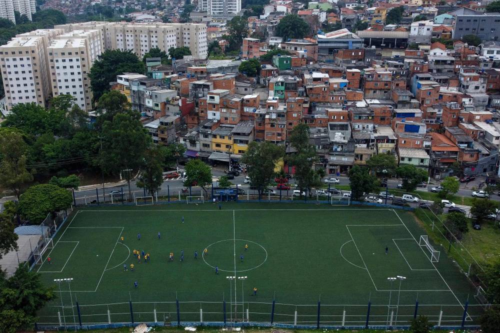 Aerial view of a football field in Sao Paulo, Brazil, taken on February 17, 2024. - Photo by AFP