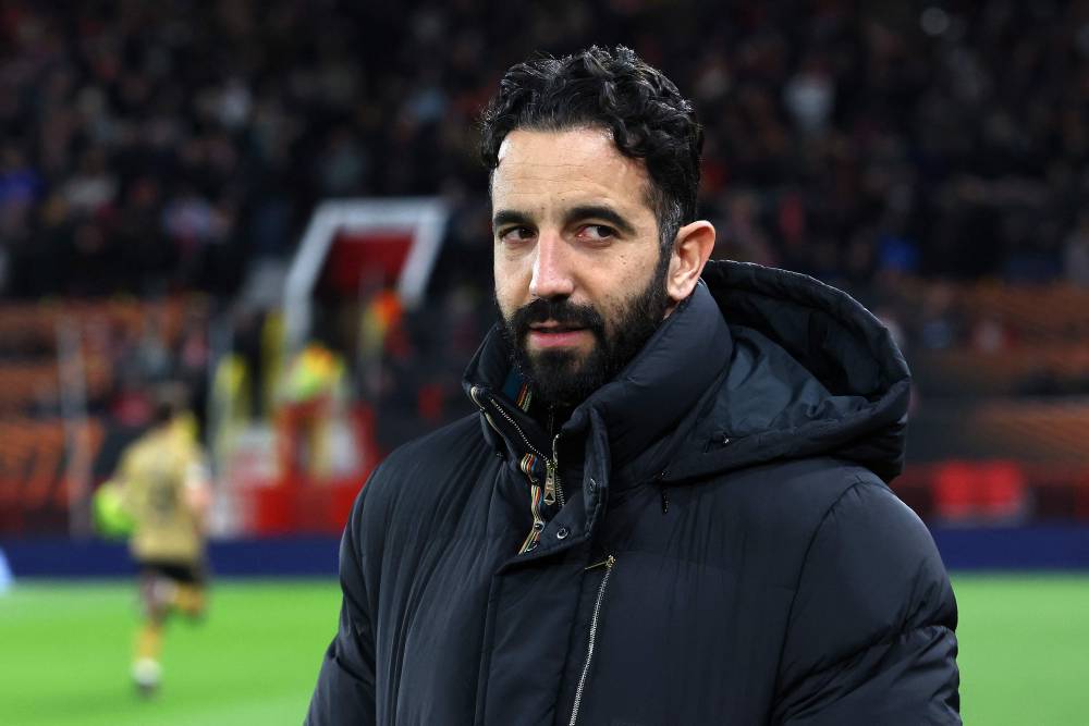 Manchester United's Portuguese head coach Ruben Amorim reacts ahead of the UEFA Europa League Last 16 Second Leg football match between Manchester United and Real Sociedad at Old Trafford stadium in Manchester, north west England, on March 13, 2025. (Photo by Darren Staples / AFP)